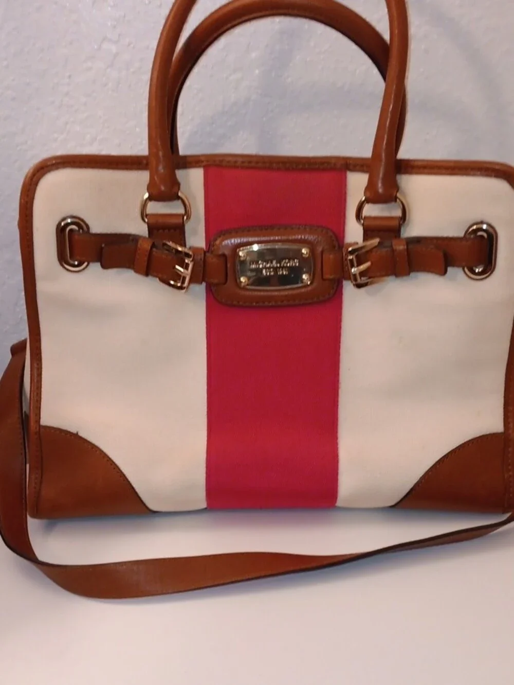 Michael Kors Preloved Canvas Satchel with Pink Center Stripe and Brown Trim